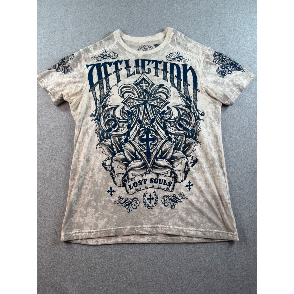 Vintage Affliction Lost Souls Flocked Tee Gray Mineral Wash Size L Made USA Y2K